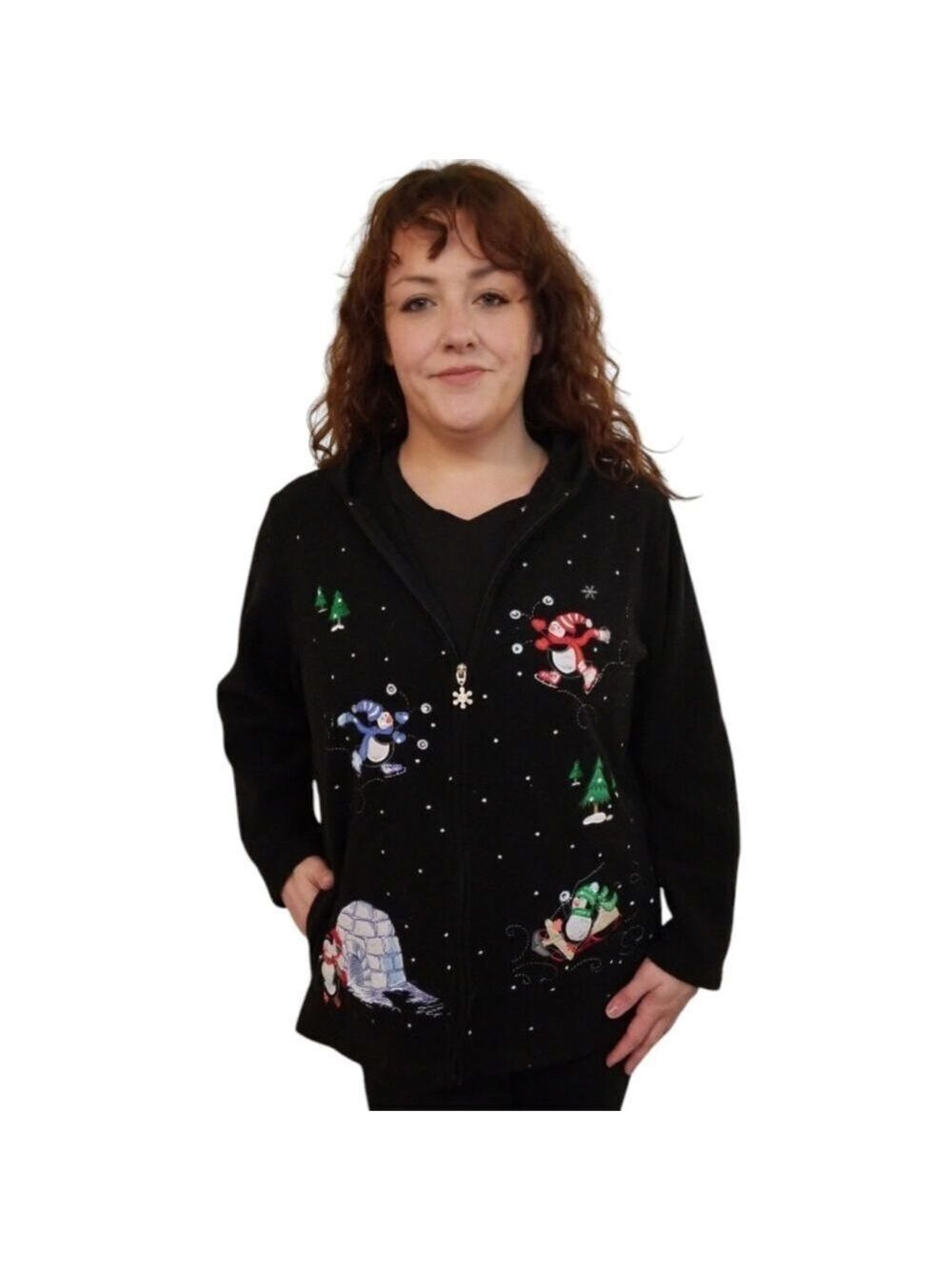 Essentials by Maggie Holiday Hoodie Embellished Black Fleece Jacket Size Large